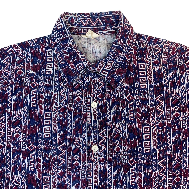 70s White Red & Blue Abstract Crazy Pattern Shirt XL