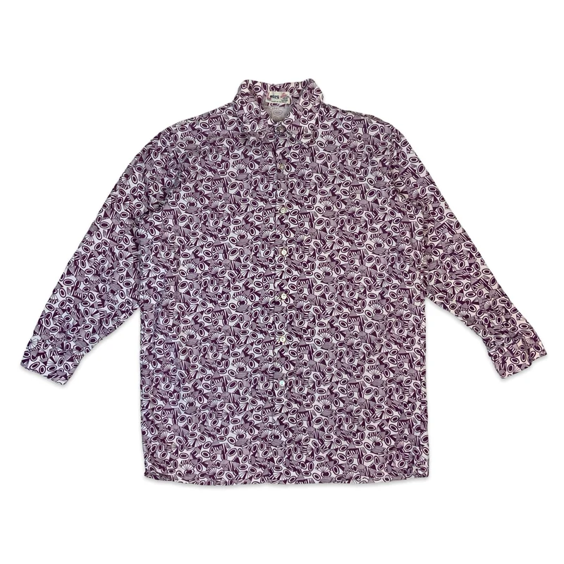 70s White & Purple Geometric Print Dagger Collar Cotton Shirt L