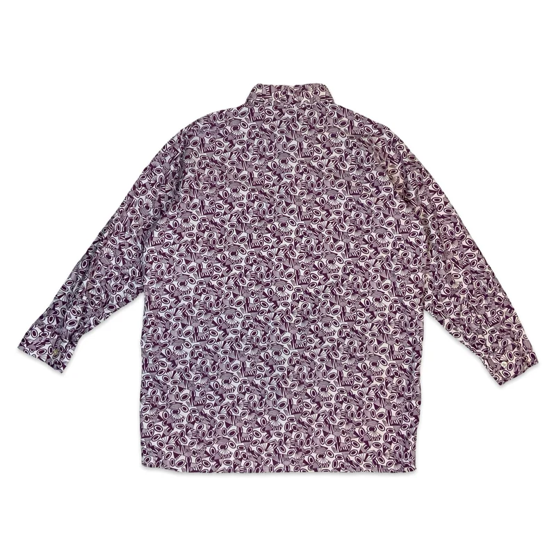 70s White & Purple Geometric Print Dagger Collar Cotton Shirt L