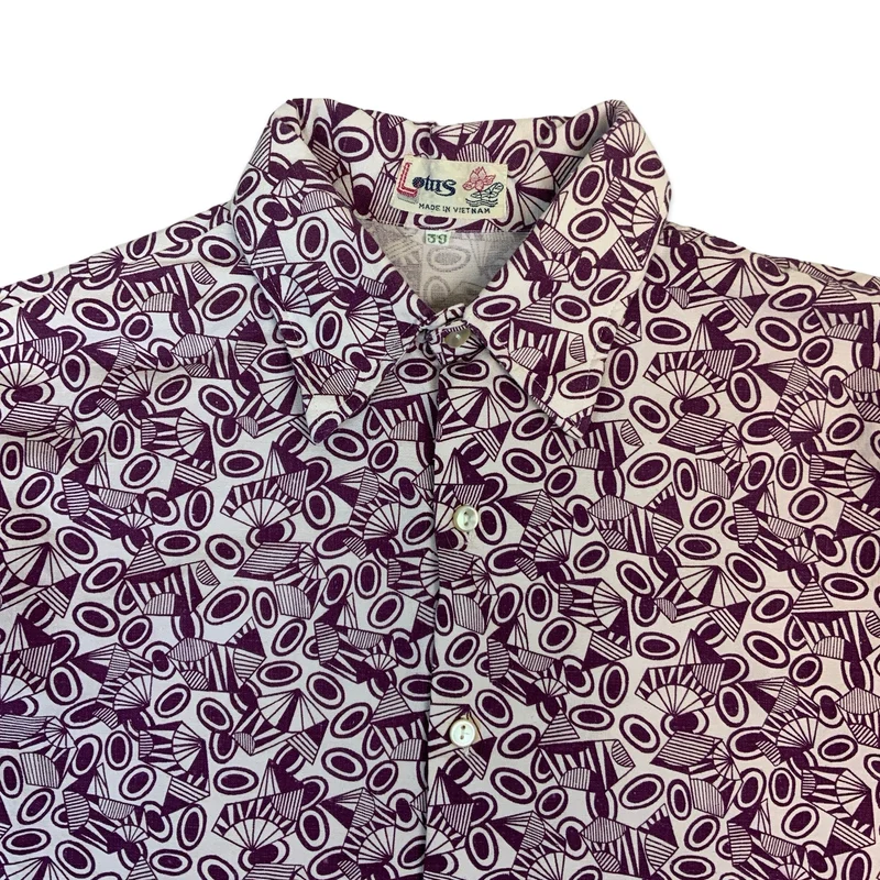 70s White & Purple Geometric Print Dagger Collar Cotton Shirt L