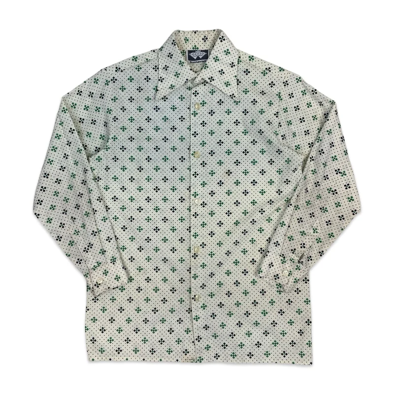 70s Cream Black & Green Geometric Print Shirt XS S
