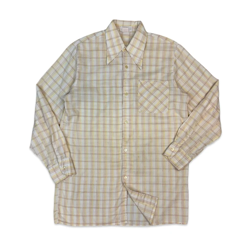 70s Cream Yellow Orange Plaid Dagger Collar Long Sleeve Shirt S M