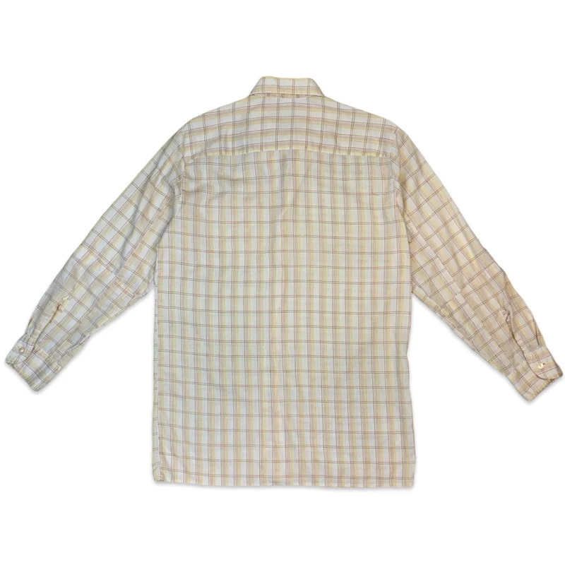 70s Cream Yellow Orange Plaid Dagger Collar Long Sleeve Shirt S M