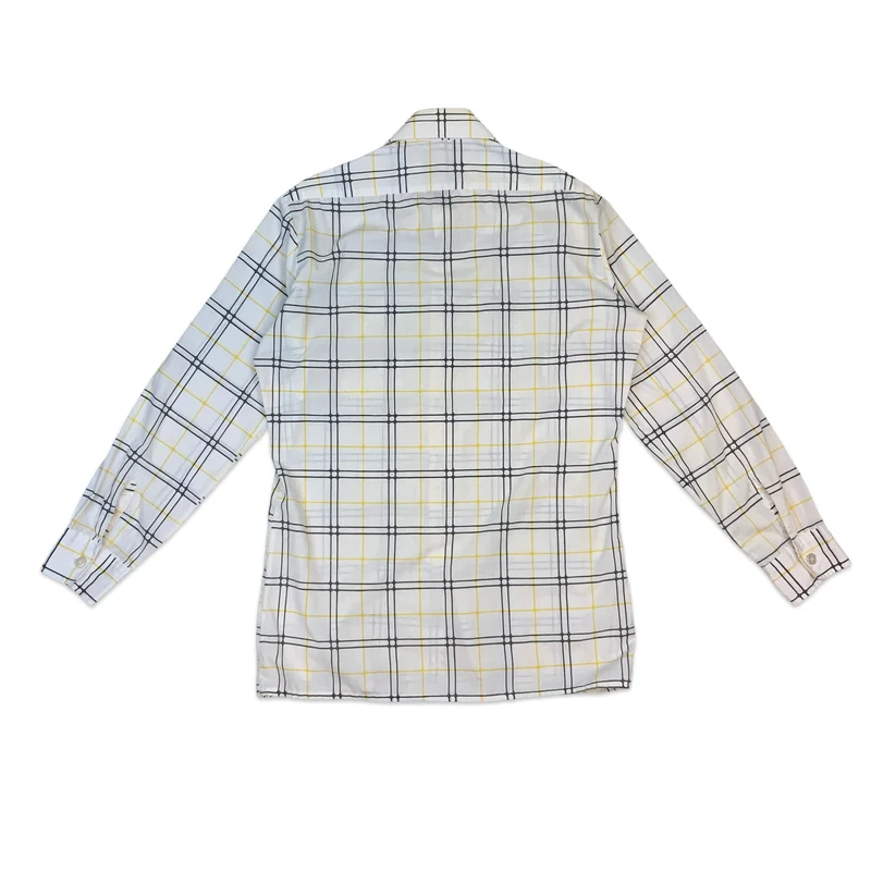70s White Grey Yellow Checkered Dagger Collar Shirt M L