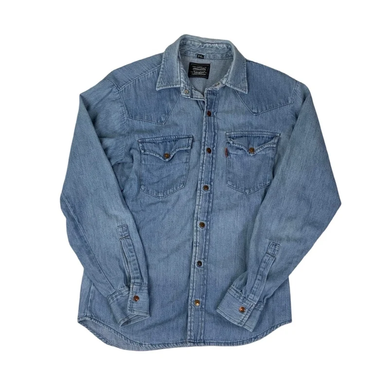 Vintage Levi Strauss & Co Orange Tab Light Blue Pop Button Denim Shirt S M