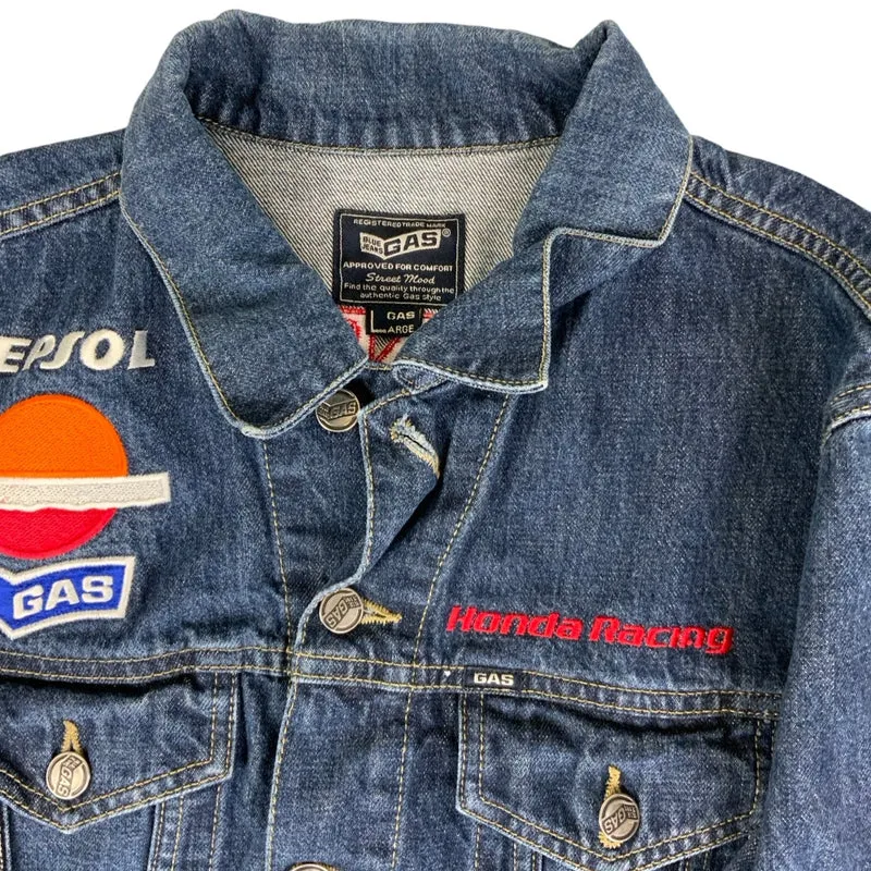 Vintage 90s Blue Jeans GAS Honda Embroidered Denim Jacket S M