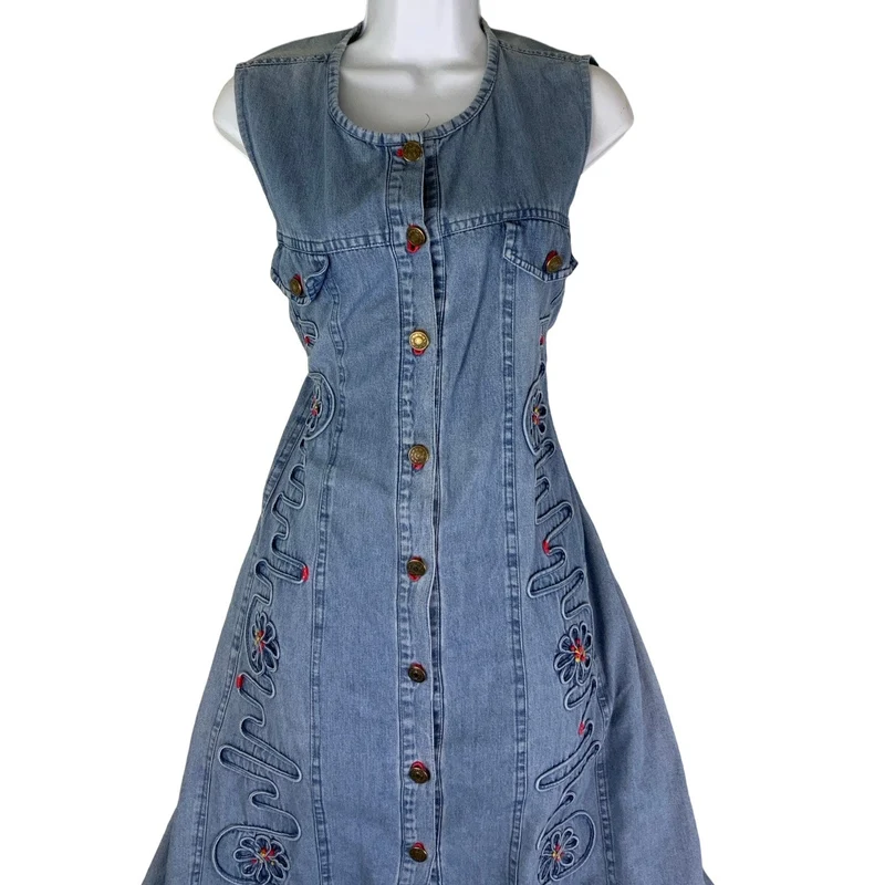 Vintage 90s ‘Apocalypse’ Sleeveless Floral Embroidered Midi Summer Dress M 14 16