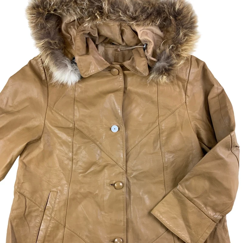 Vintage Biege Faux Fur Hooded Leather Coat 12 14