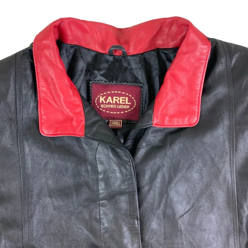 Vintage ‘Karel’ Black Red Swing Leather Coat Jacket M 14 16