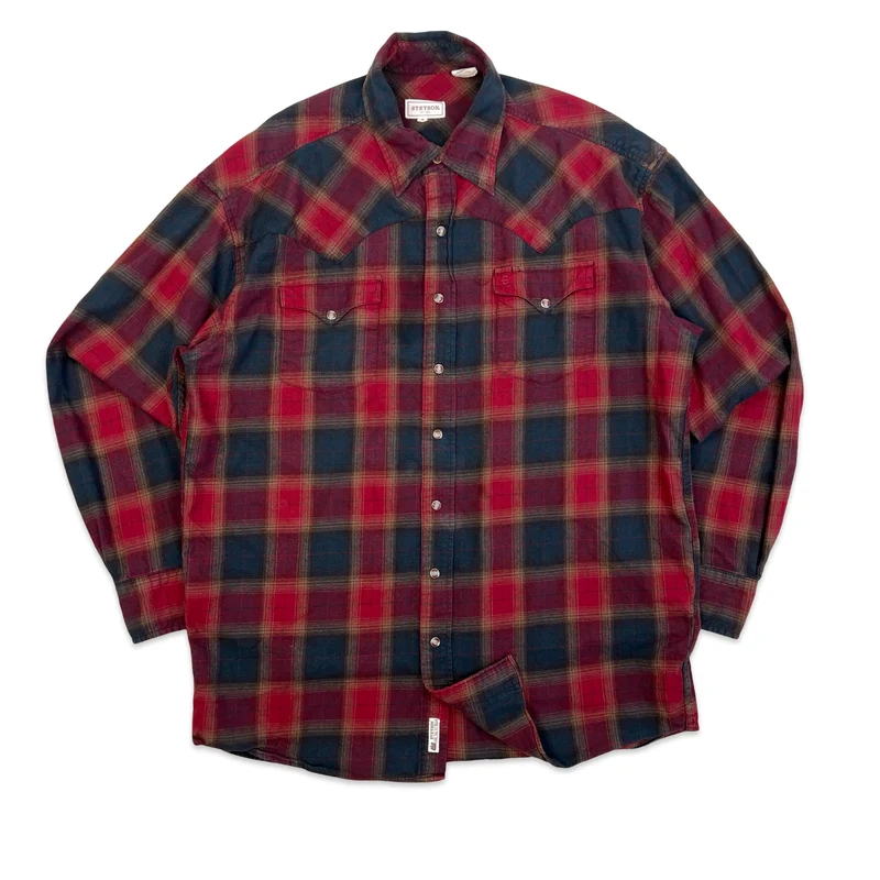 Stetson Red & Brown Plaid Western Flannel Shirt XL