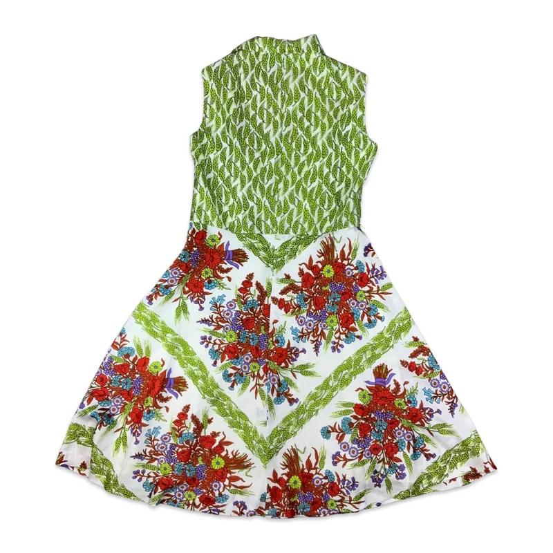 Vintage 70s White Green Red Blue Floral Print Collared A-Line Dress 12 14