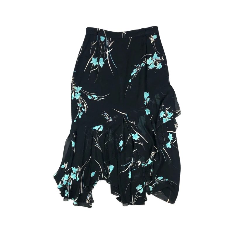 Vintage 90s Y2K Floral Print Black Asymmetric Hem Midi Skirt 10