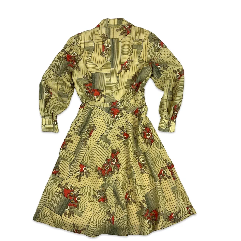 Vintage 70s Collared Fitted Floral Dress Beige Orange Brown 8 10