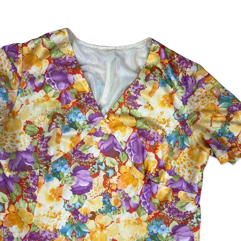 70s Vintage Floral Multicolour Midi Shift Summer Dress 14 16