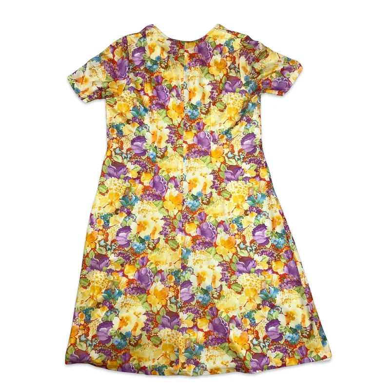 70s Vintage Floral Multicolour Midi Shift Summer Dress 14 16