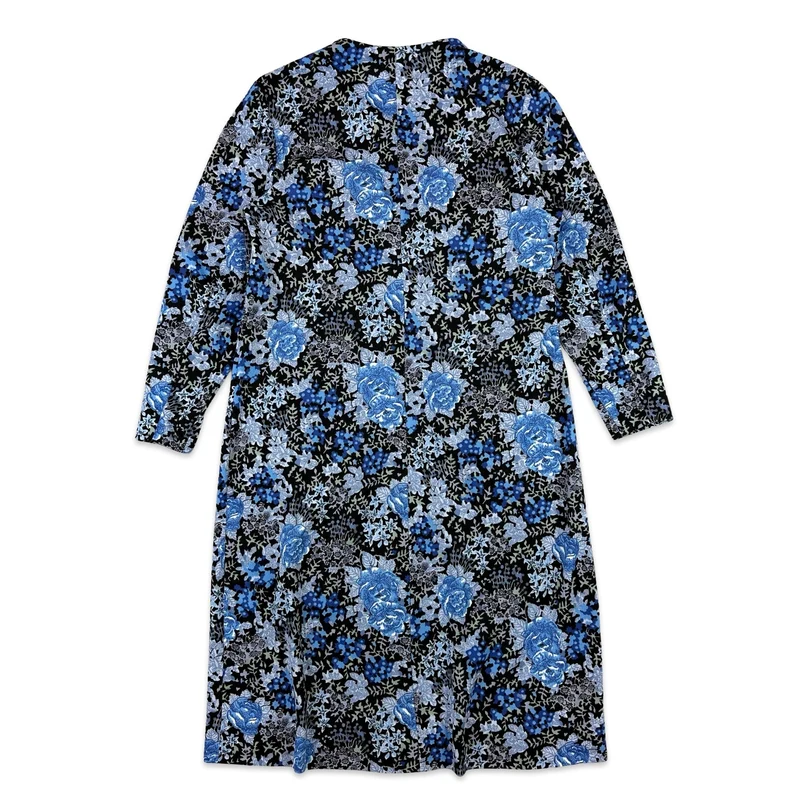 70s Vintage Blue Floral Long Sleeved Midi Occasion Dress 14