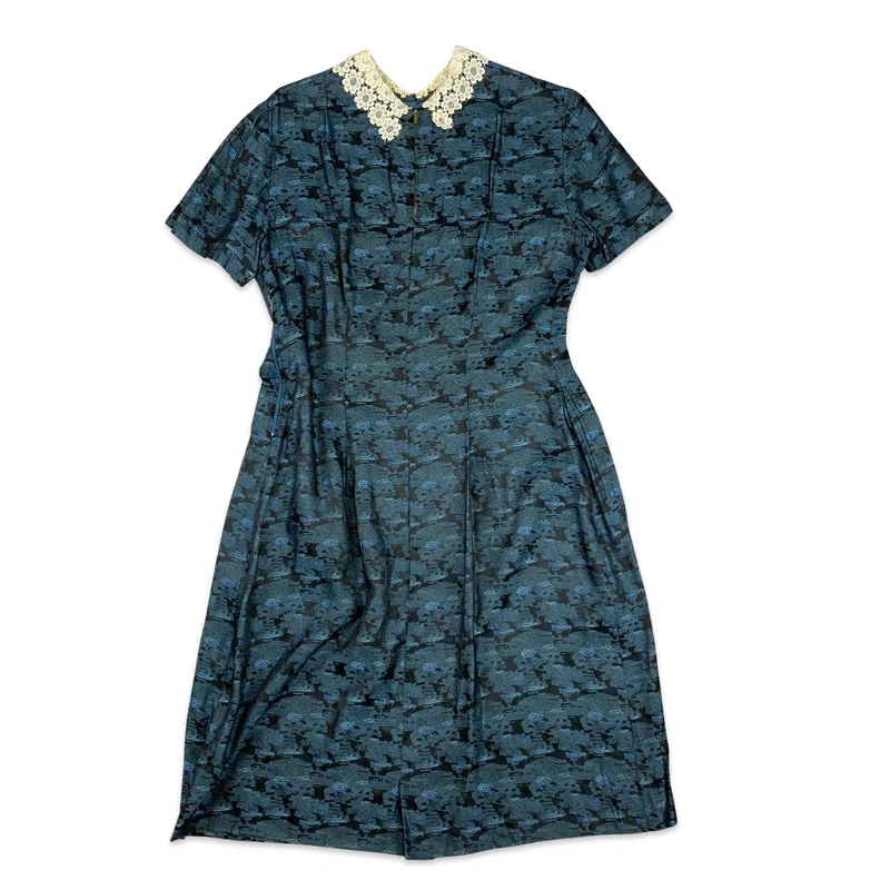 Vintage 60s Lace Collar Geo Printed Midi Shift Occasion Dress Blue Black White 10 12