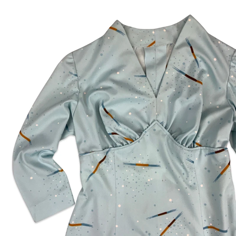 Vintage 70s Graphic Print Midi Dress Blue Orange Brown 10 12