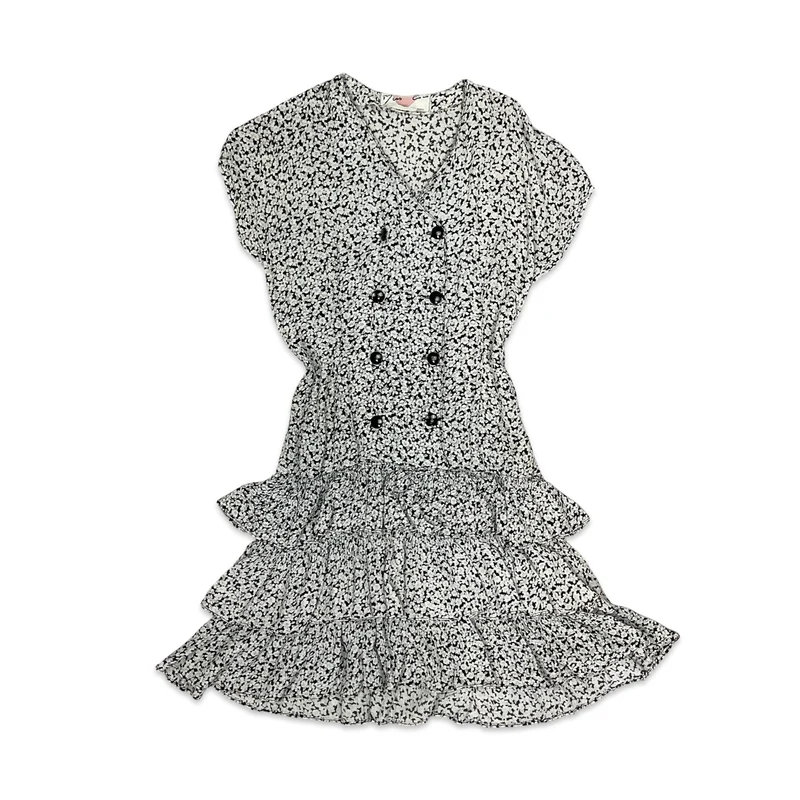 Vintage 90s Grunge Black & White Floral Ruffle Drop Waist Mini Dress