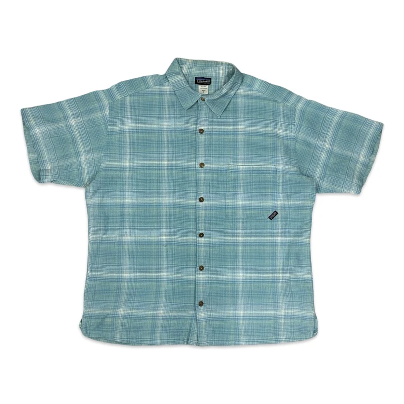 Patagonia Organic Cotton Blue Plaid Checked Button-Up Short Sleeve Shirt Large