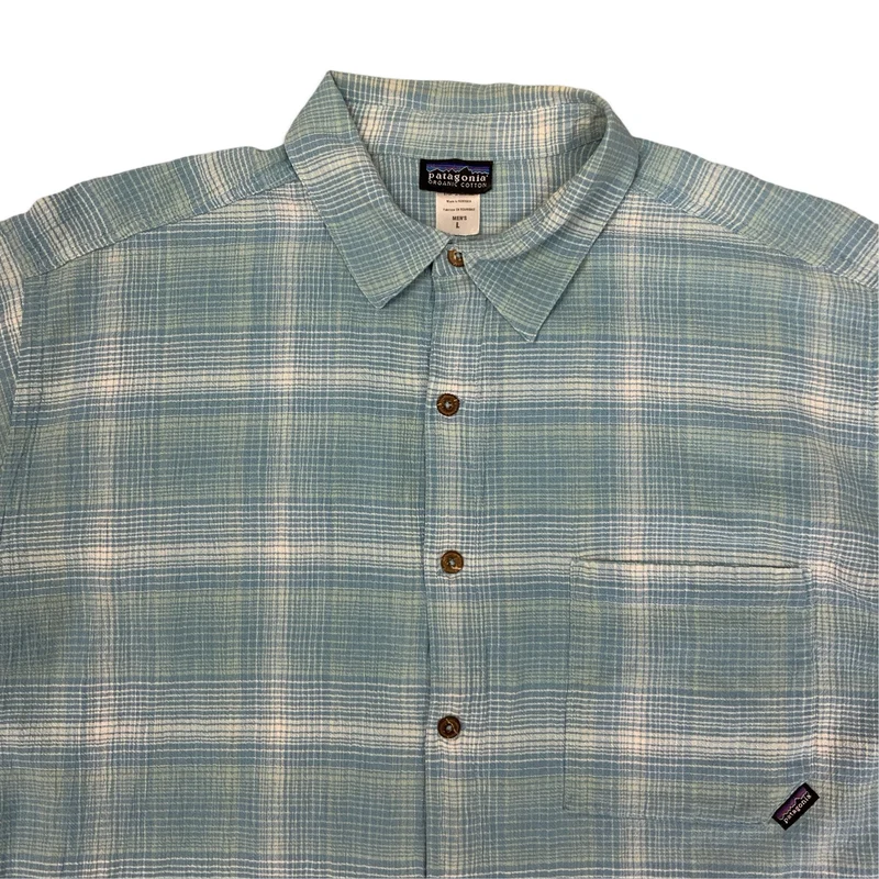 Patagonia Organic Cotton Blue Plaid Checked Button-Up Short Sleeve Shirt Large