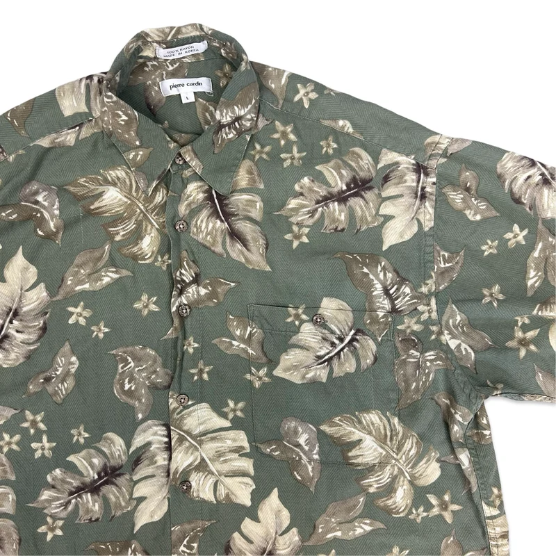 Vintage 1990s Pierre Cardin AOP Green Brown Leaf Themed Print Casual Shirt XXL