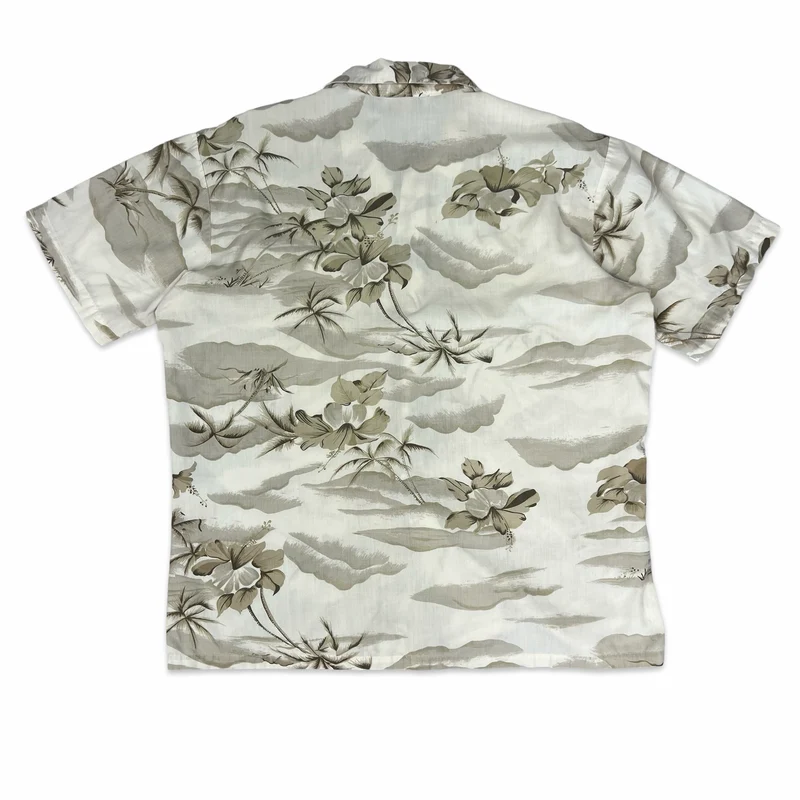 Vintage 70s Beige Botanical Print Aloha Shirt L