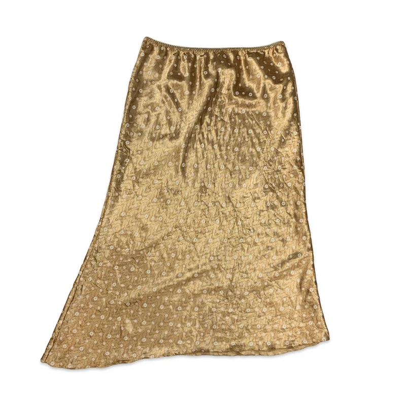 Y2K Gold & White Ditsy Floral Maxi Skirt 8 10 12