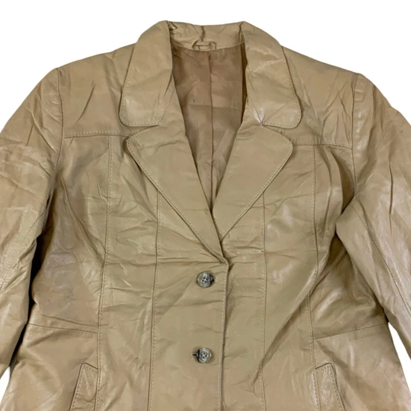 Vintage Cream Beige Camp Collar Leather Jacket S M 14