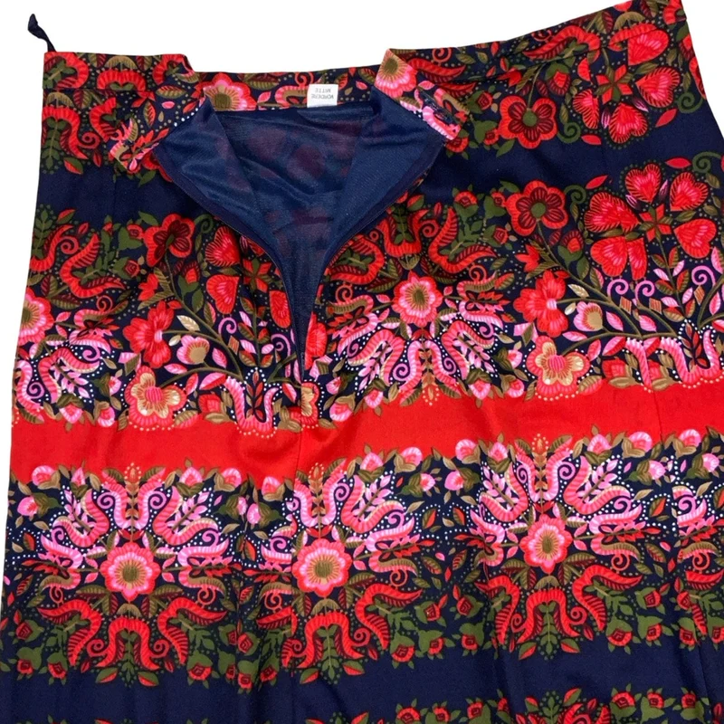 Vintage 60s 70s Red Navy Floral Midi Skirt 14 16