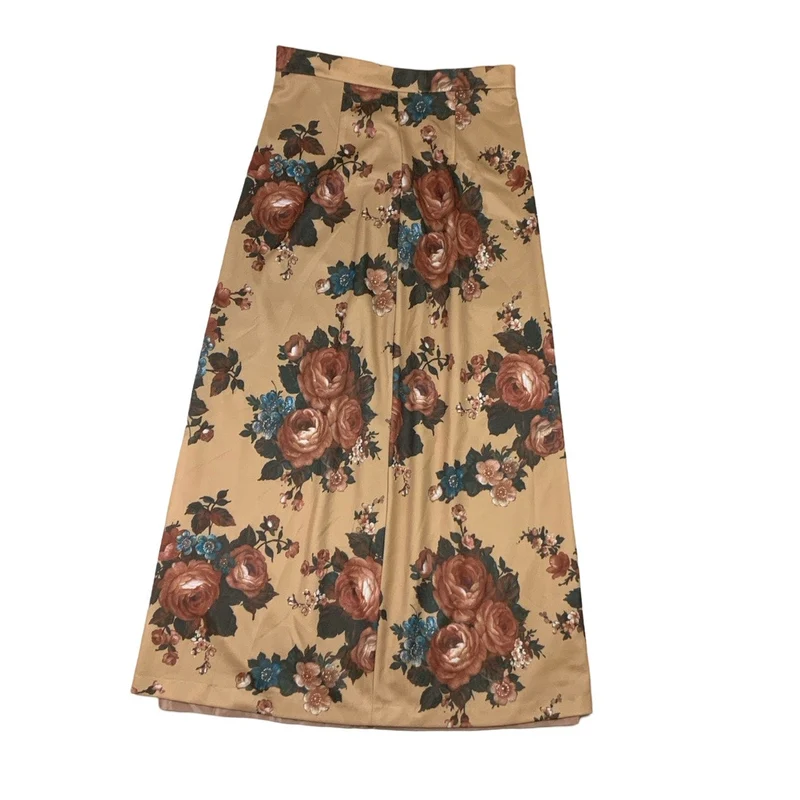 Vintage 60s 70s Beige Floral Maxi Skirt M 10 12