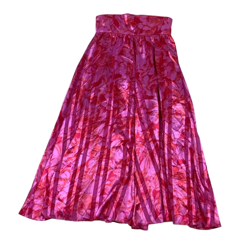 Vintage 80s Pink Pleated Floral Maxi Skirt XS 8