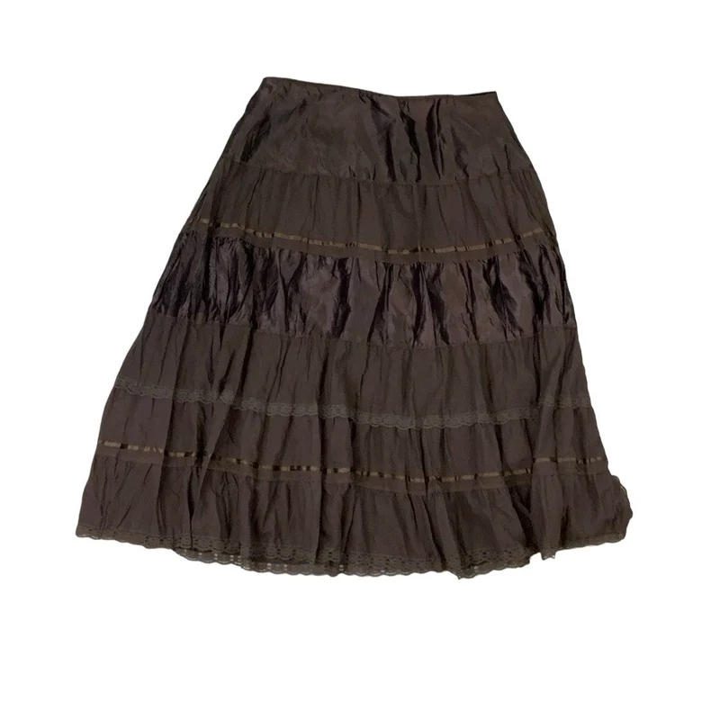 Vintage Y2K ‘CANDA’ Brown Tiered Patchwork Boho Midi Skirt 16 18 L