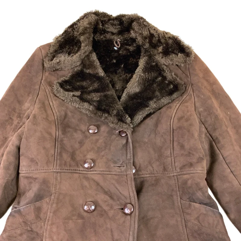 Vintage 70s Dark Brown Shearling Coat Double Breasted S 10
