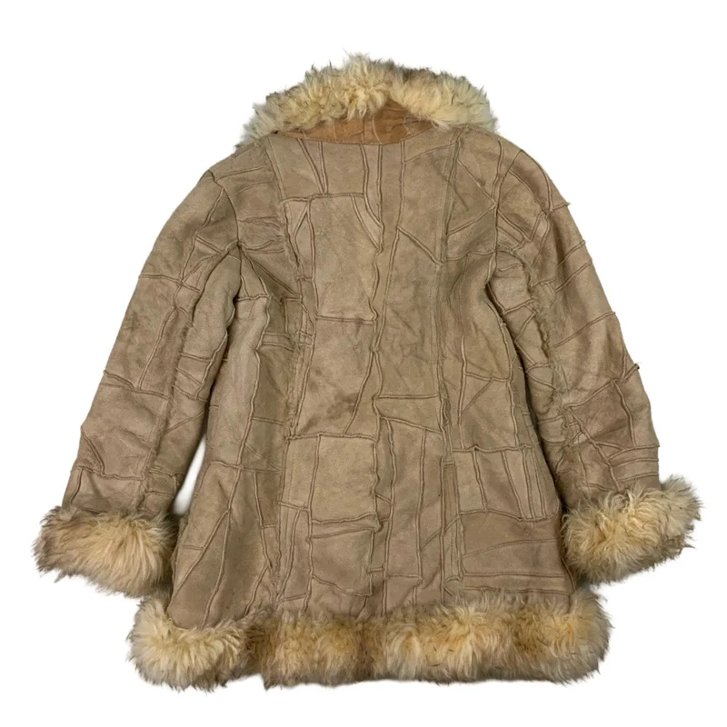 Vintage Patchwork Pattern Shearling Coat Sheepskin Jacket L 14 16