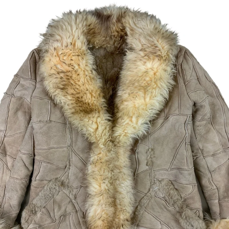 Vintage Patchwork Pattern Shearling Coat Sheepskin Jacket L 14 16