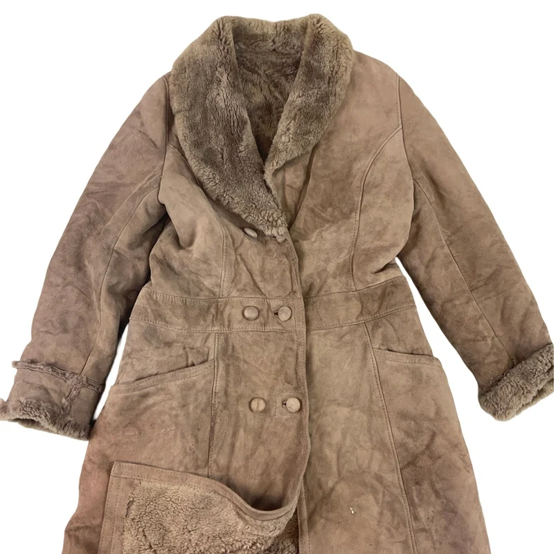 Vintage 70s Womens Shearling Sheepskin Long Coat Suede Jacket S 10