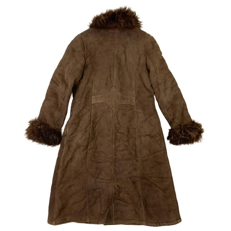 Vintage 70s Brown Shearling Penny Lane Long Coat Sheepskin Jacket S 10