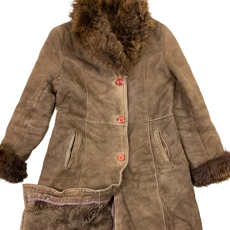 Vintage 70s Brown Shearling Penny Lane Long Coat Sheepskin Jacket S 10