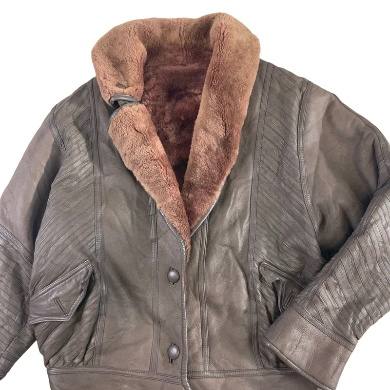 Vintage 80s Unisex Leather Shearling Brown Jacket Coat M L