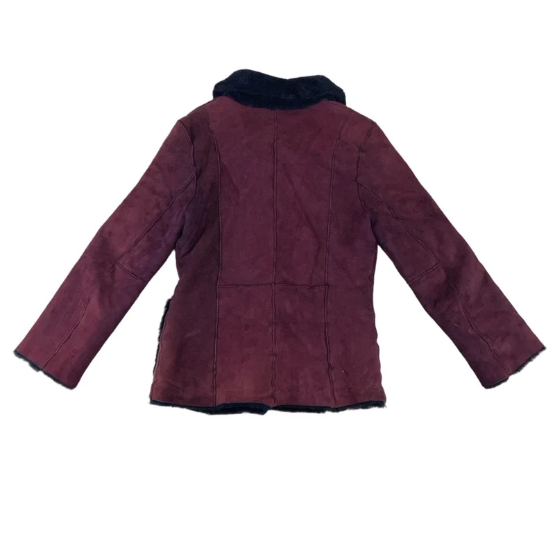 Vintage Burgundy Purple Shearling Jacket Sheepskin Suede Coat S 8