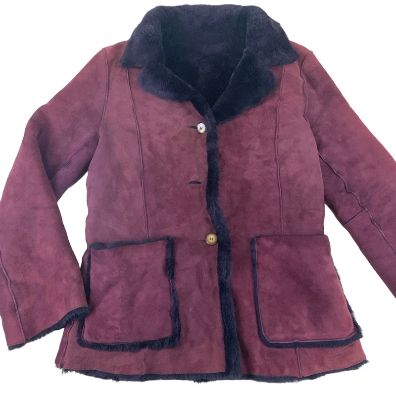 Vintage Burgundy Purple Shearling Jacket Sheepskin Suede Coat S 8