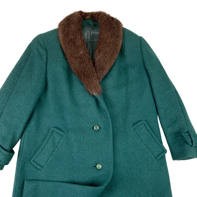 Vintage 60s 70s Faux Fur Collar Long Wool Swing Coat L 16
