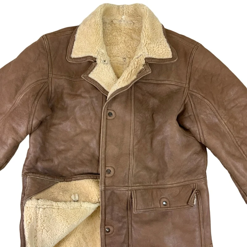Vintage Mens Brown Leather Shearling Sheepskin Coat Jacket XL