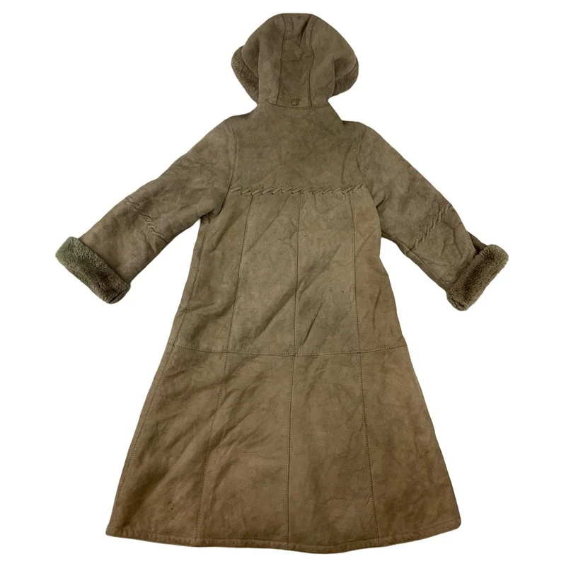 Vintage 70s C&A Womens Woven Details Hooded Shearling Jacket Sheepskin Coat S 8-10