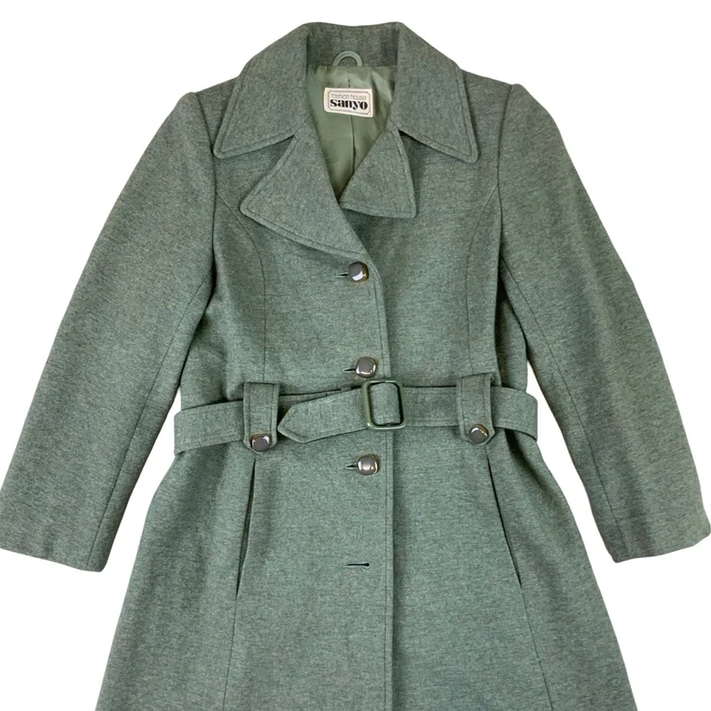 Vintage 80s Sage Green Belted Swing Wool Coat 8 10