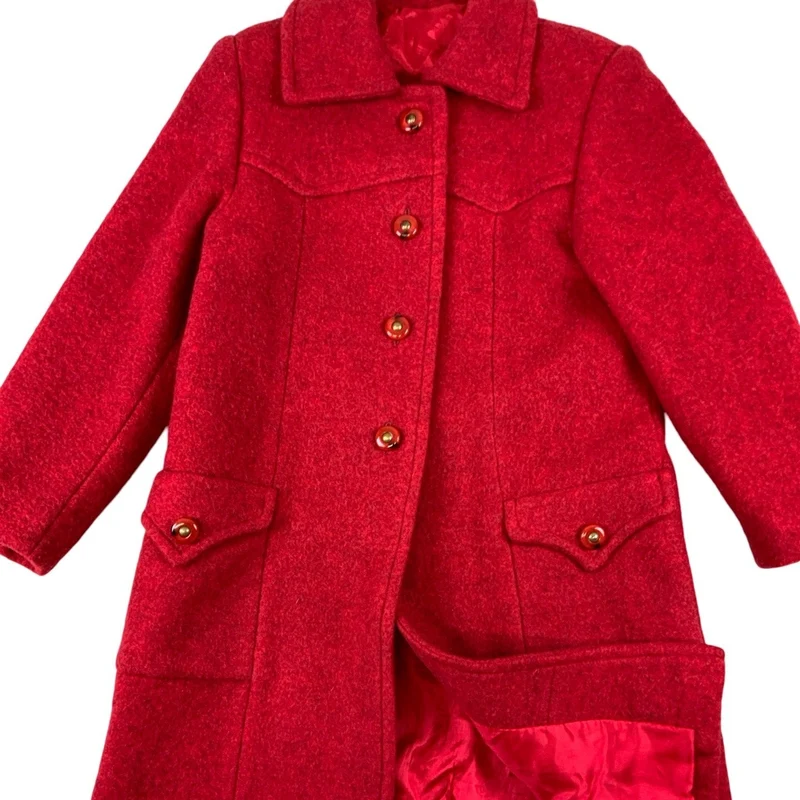 Vintage 70s Red Wool Long Coat Western Yokes Button Down S 8 10
