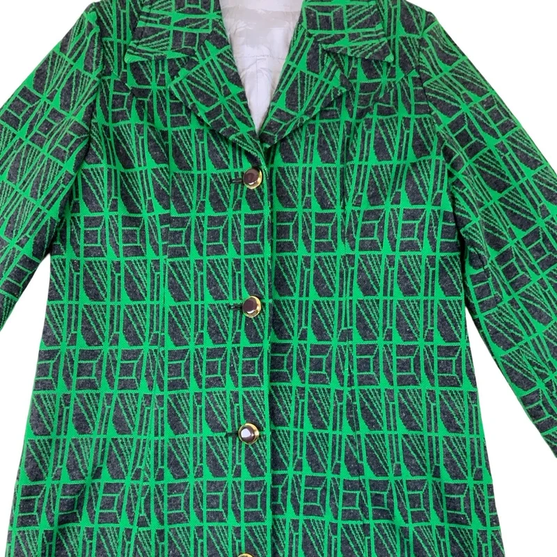 Vintage 80s Green & Grey Geometric Pattern Button Down Coat 12