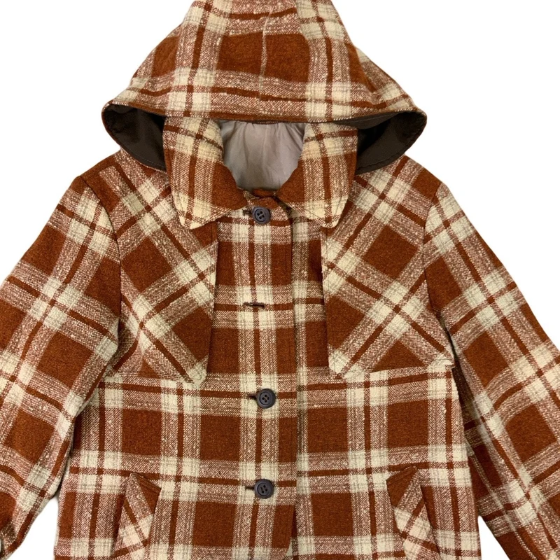 Vintage Womens Brown & Cream Plaid Hooded Wool Jacket 10 12