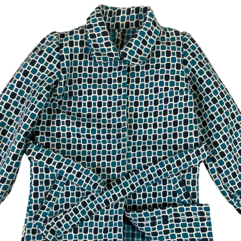 Vintage 1960s Womens Wool Blue Pattern Belted Coat Mod UK 8